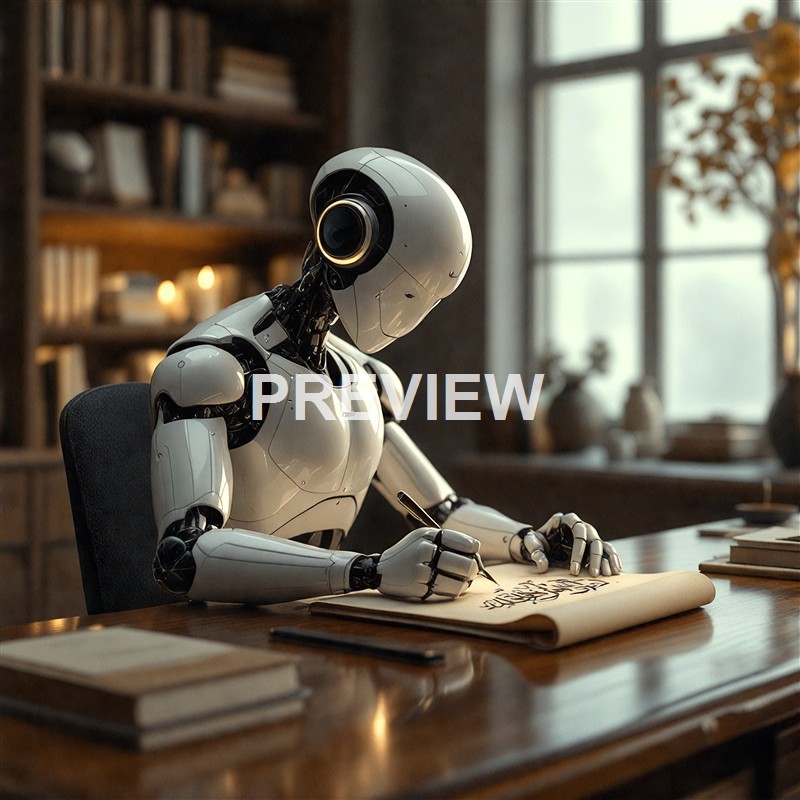A humanoid robot with a sleek, white exterior is sitting at a wooden table, writing or drawing on a scroll or piece of paper in a cozy, well-lit room with bookshelves and large windows in the background.